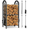 Kaminholzregal mit 4 Kaminbesteck, Metall Brennholzregal für Innen und Ausse, 2 Ablagen, Schwarz, 38x33x75 cm - vuunot.com