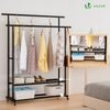 Doppelt Kleiderständer auf Rollen, Metall Kleiderstange Garderobenständer mit 2 Aufbewahrungsablagen 120x40x146cm Schwarz - vuunot.com
